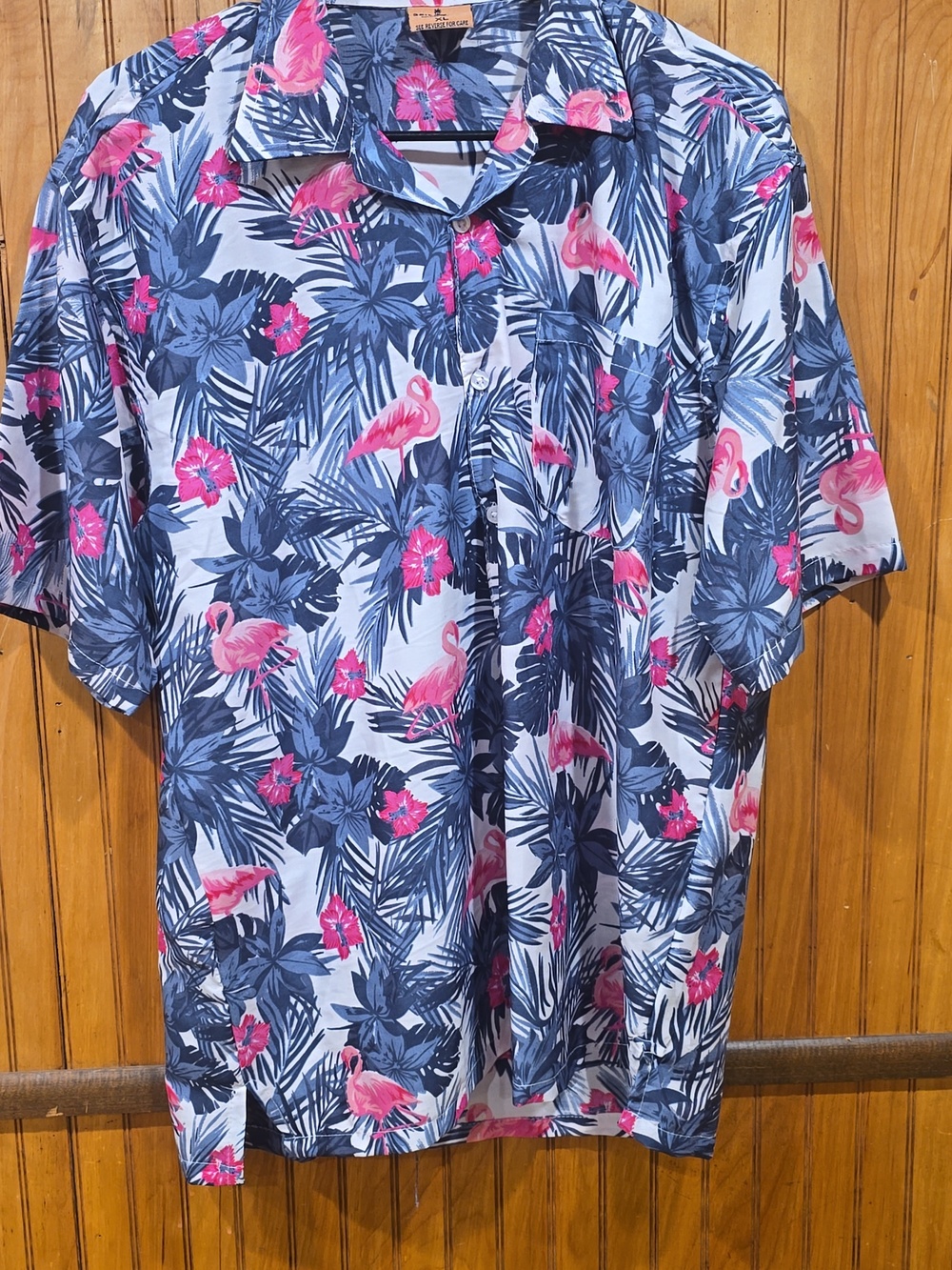 Men's Tropical Flamingo Short-Sleeve Shirt - Pink & Navy Size XL
